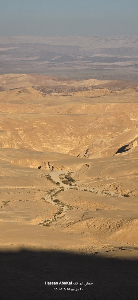 منظر بانورامي لصحراء النقب يظهر التضاريس الصحراوية بمناظرها الذهبية والوديان المنخفضة.