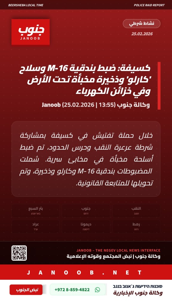 كسيفة: الشرطة تضبط أسلحة وذخيرة مخبأة تحت الأرض وفي خزائن الكهرباء