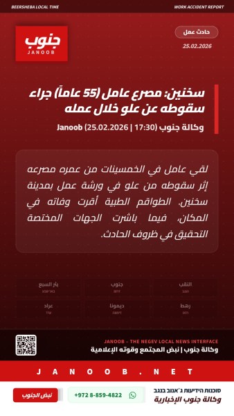 سخنين: مصرع عامل (55 عاماً) إثر سقوطه من علو خلال عمله